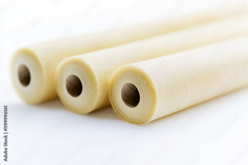 A collection of four rolls of fabric lying on a clean white surface A collection of four rolls of fabric lying on a clean white surface