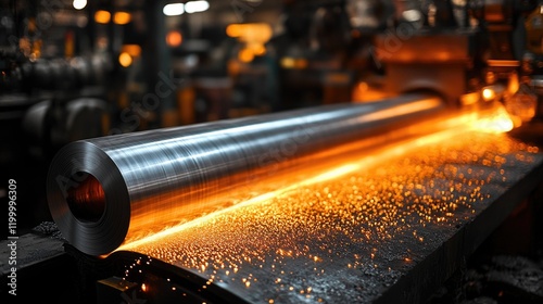 A close-up shot of a welding arc in action, with sparks flying off the metal tube photo