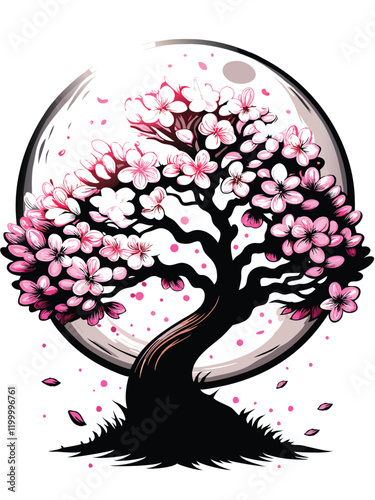 A vibrant pink cherry blossom tree with delicate petals falling softly around it, creating a gentle snowfall of beauty.