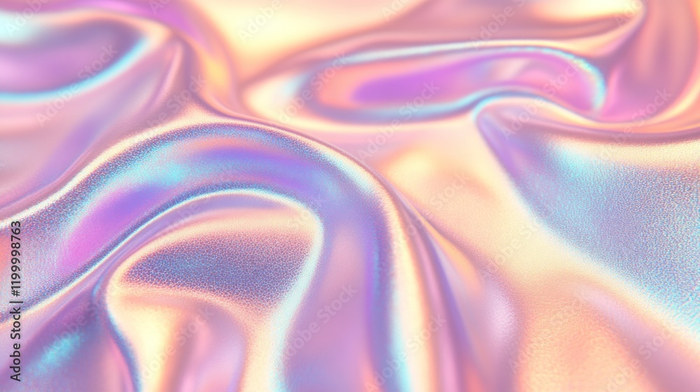 Obraz premium Colorful iridescent, holographic rainbow foil texture background. Iridescent fabric trendy cloth holographic texture purple pink blue metal