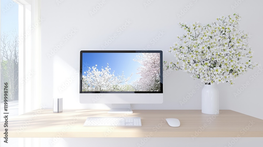 Fototapeta premium Modern minimalist workspace with computer displaying spring scenery and flowers.