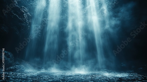 Dark cave, waterfall, misty pool, ethereal light.