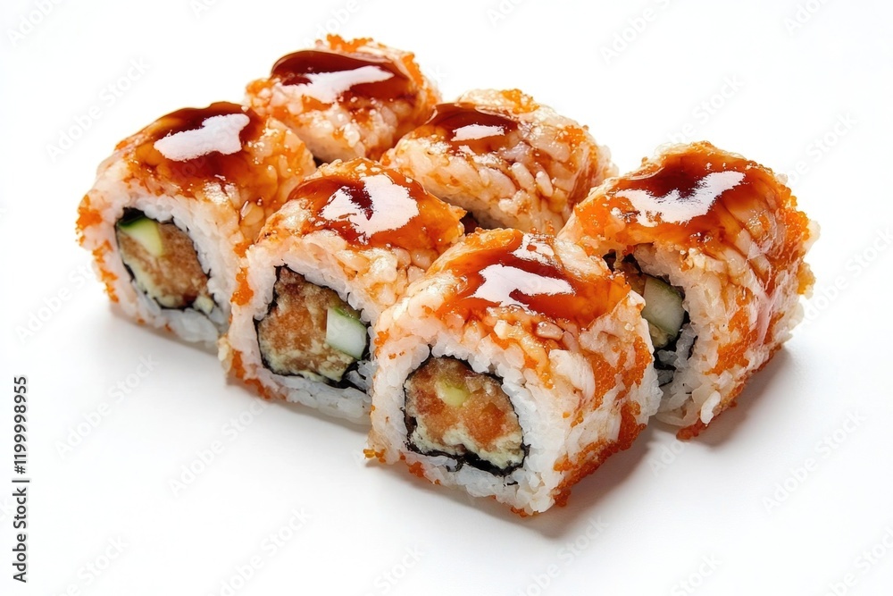 A single sushi roll with sauce on top, often used in food or culinary context A single sushi roll with sauce on top, often used in food or culinary context