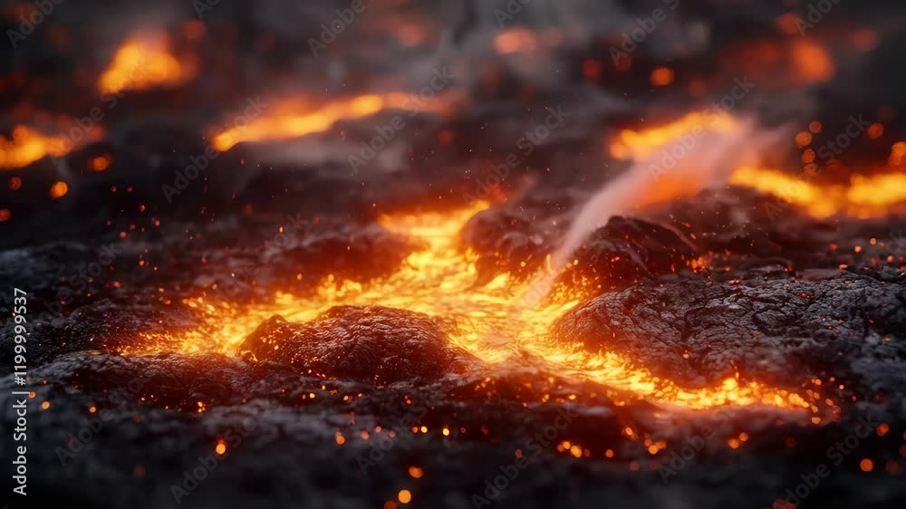 Close-up of molten lava flowing with bright orange glow amidst dark volcanic rock. Close-up of molten lava flowing with bright orange glow amidst dark volcanic rock.