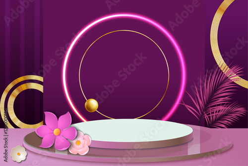 Realistic purple glowing circular neon light podium background with golden details, modern luxury.