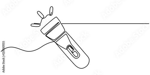 One continuous line drawing of flashlight poster vector illustration. Pro vector, flashlight drawing one continuous line vector, One line drawing of flashlight. Equipment for camping minimalist design