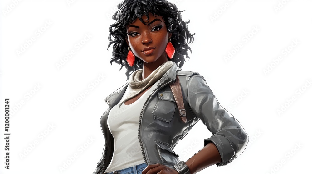 Confident Woman with Curly Hair and Casual Fashion Style