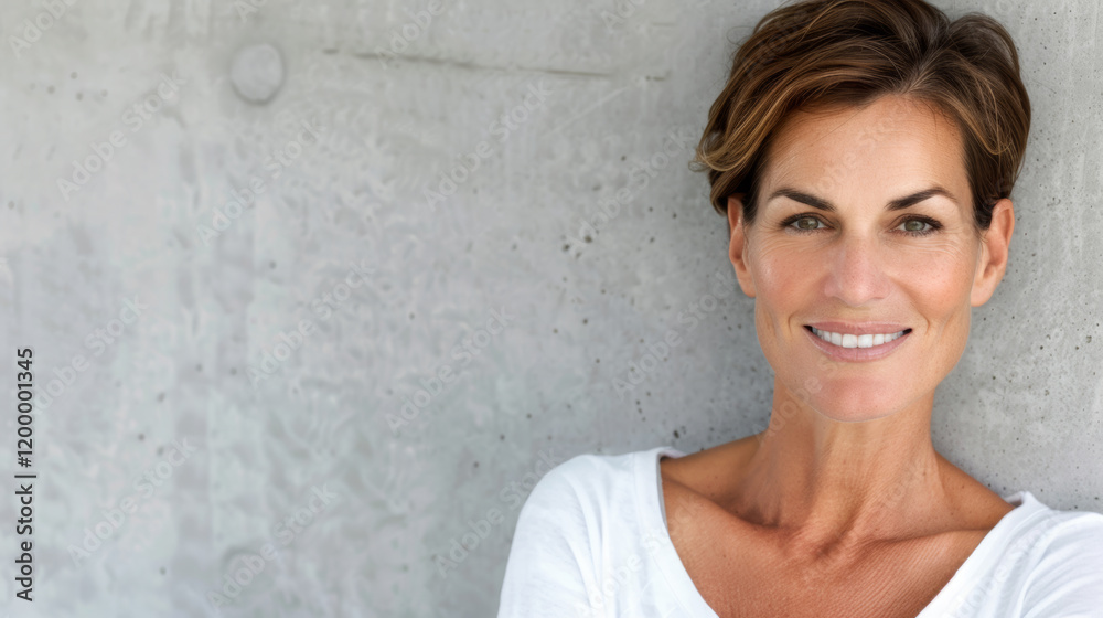 Beautiful smiling middle aged woman standing in front of gray grunge stucco wall background. Portrait of elegant, youthful-looking mature woman Beautiful smiling middle aged woman standing in front of gray grunge stucco wall background. Portrait of elegant, youthful-looking mature woman