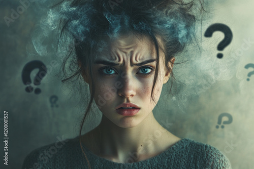 Woman with question marks hovering over head, pondering and perplexed in a thought-provoking and uncertain moment. photo