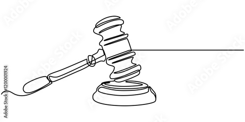 Gavel Continuous Line Icon, Judge hammer one continuous single line art drawing, One continuous single line of judge hammer isolated on white background, Judge's gavel continuous one line drawing. 