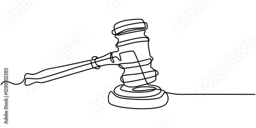 Gavel Continuous Line Icon, Judge hammer one continuous single line art drawing, One continuous single line of judge hammer isolated on white background, Judge's gavel continuous one line drawing. 