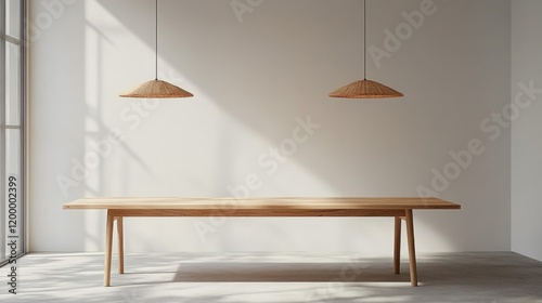 A minimalist dining area featuring a large  simple table with natural wood and subtle pendant lighting above.
