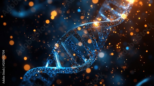 Abstract Colorful DNA Strand with Glowing Particles in Dark Space