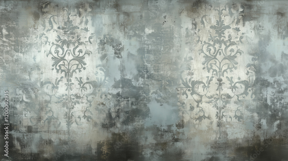 Fototapeta premium Old gray blue mint rusty vintage shabby damask pattern, stone concrete cement wall texture, background
