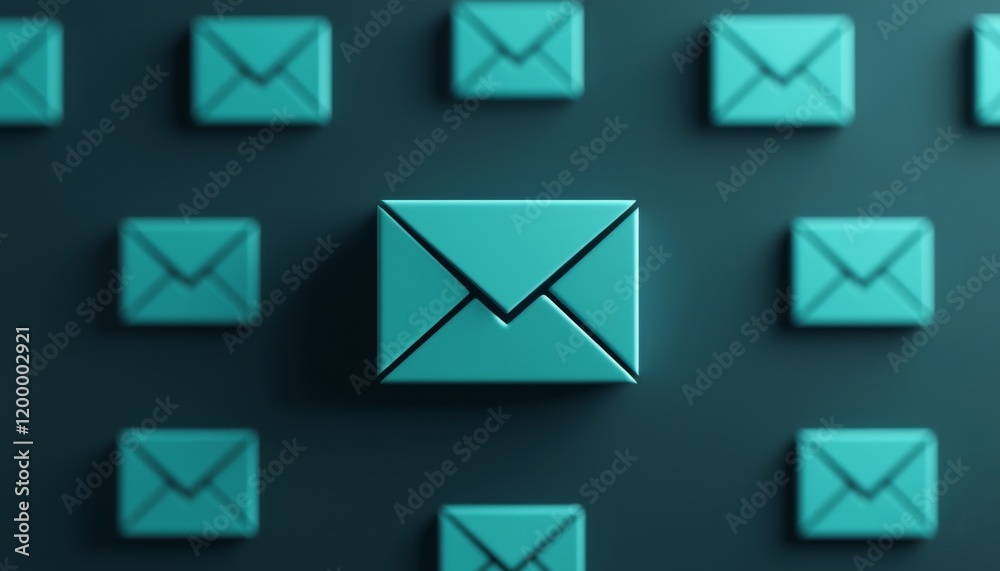 A modern design of teal 3D envelopes representing email communication and digital correspondence in a virtual space. A modern design of teal 3D envelopes representing email communication and digital correspondence in a virtual space.