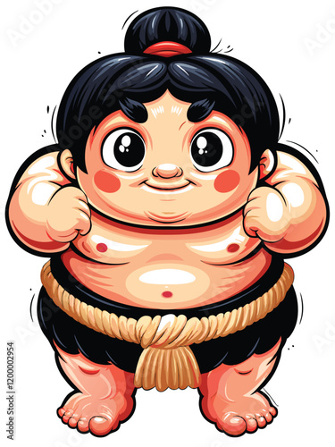 A chibi-style sumo wrestler with a round, rosy face, a bright red mawashi (loincloth), and a playful expression. He is standing with his legs apart and his arms outstretched, ready to grapple.