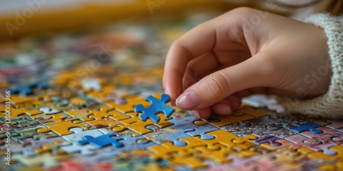 Close-up shot of someone fitting a puzzle piece into place