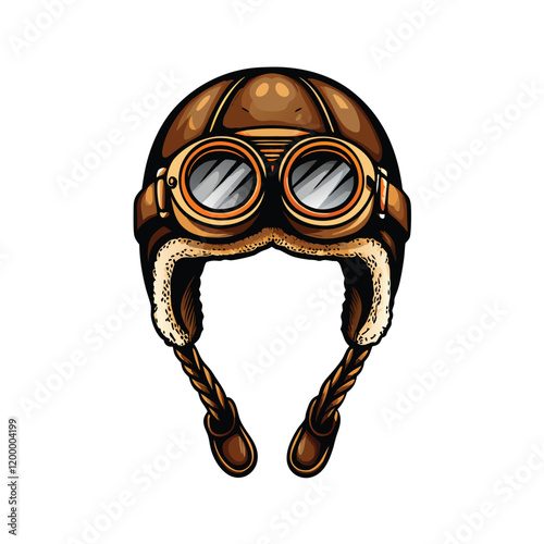 A detailed vector illustration of a vintage aviator helmet with intricate details, showing the leather, buckles, and stitching.