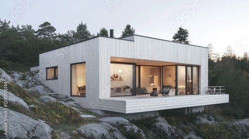 A modern Nordic home exterior with white walls, large windows, and a natural wooden facade.