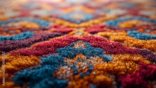 Close-up of a colorful oriental rug featuring intricate patterns with rich textures and vibrant colors. photo