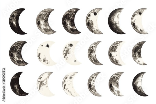 Illustration of various lunar phases, from new moon to full moon and back photo