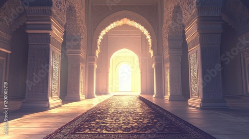 Sunlit Corridor in an Ornate Islamic Palace