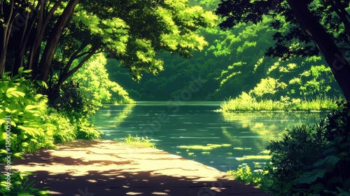 Serene Nature Scene with Lush Greenery and Calm Water Reflections