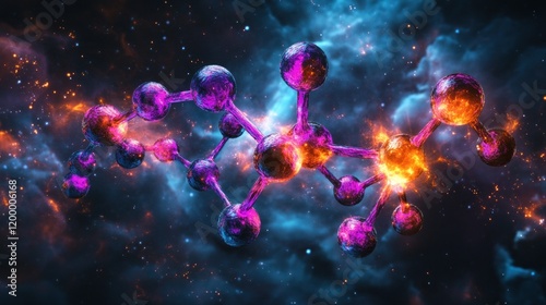Abstract Molecular Structure with Cosmic Background and Glowing Particles
