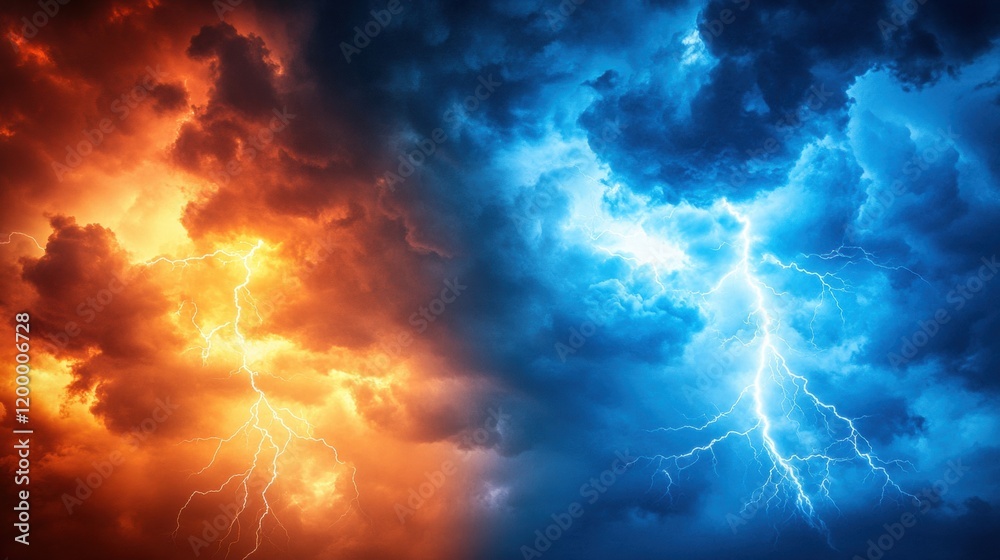 Dramatic Split between Fiery Orange and Cool Blue Thunderstorm Clouds Dramatic Split between Fiery Orange and Cool Blue Thunderstorm Clouds
