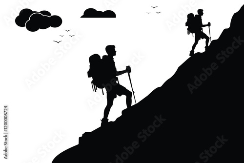 Hiking vector icon, silhouette. Hiking man silhouette, vector. Silhouette of a climber, Trekking, Travel and mountain, Hiking vector illustration. 