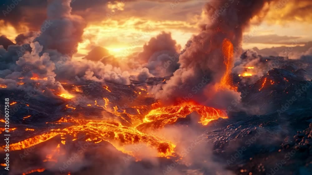 A breathtaking view of a volcanic eruption at sunset, showcasing flowing lava and dramatic clouds. A breathtaking view of a volcanic eruption at sunset, showcasing flowing lava and dramatic clouds.