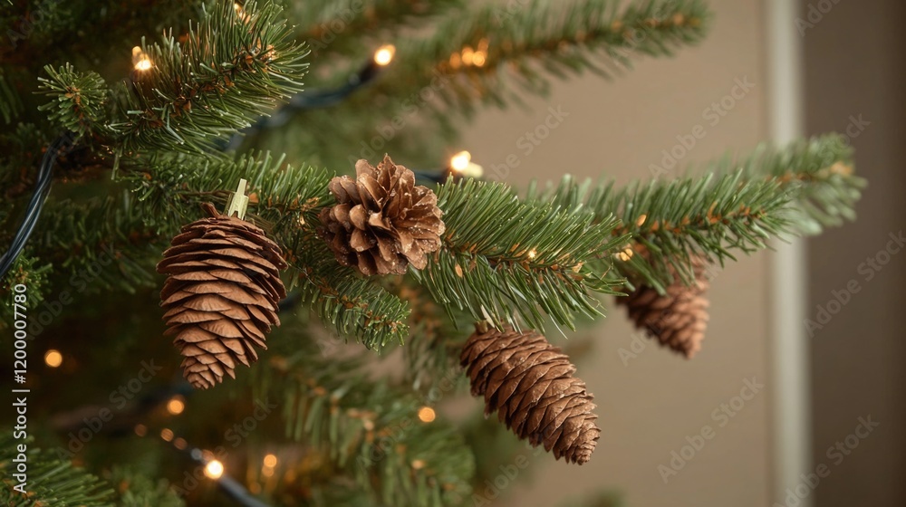 A close-up view of a decorated Christmas tree with pine cones, perfect for winter-themed designs or holiday marketing materials A close-up view of a decorated Christmas tree with pine cones, perfect for winter-themed designs or holiday marketing materials