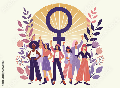 International Women's Day illustration Diverse group of confident women standing united under feminism symbol surrounded by elegant floral elements promoting accelerate action in modern flat art style