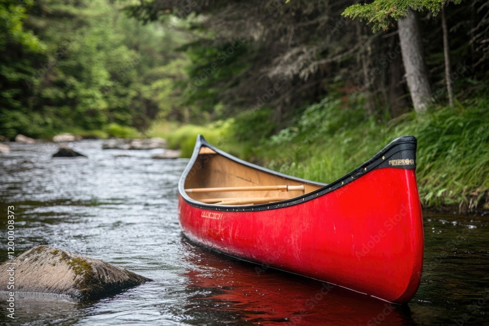 Fototapeta premium A red canoe sits on the riverbank, ready for use