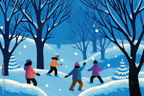 A joyous group of children, bundled in winter gear, engage in a playful snowball fight in a snowy park.