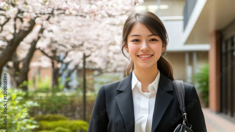 Young Businesswoman Smiling in Cherry Blossom Park Setting Young Businesswoman Smiling in Cherry Blossom Park Setting