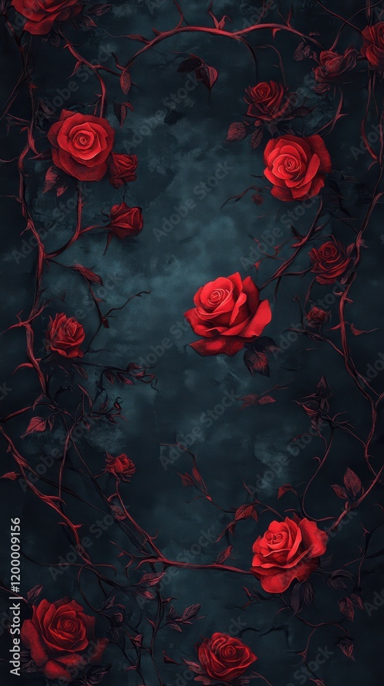 Dark Red Roses Entwined On Thorny Vines Dark Red Roses Entwined On Thorny Vines