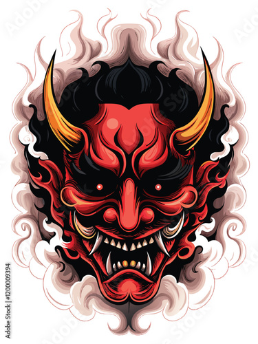 A dramatic and detailed illustration of a Hannya mask engulfed in swirling smoke and fiery flames.