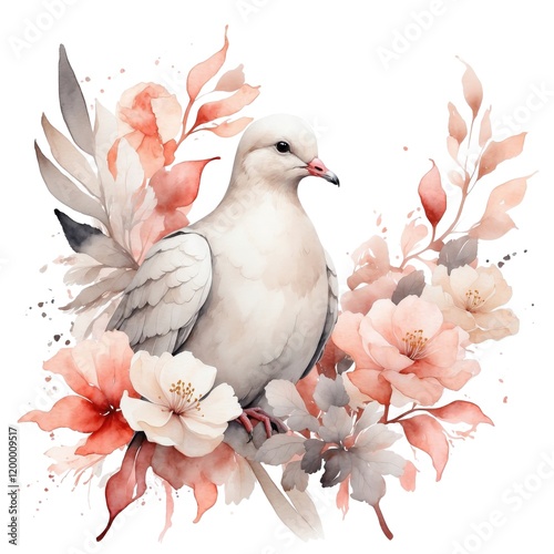 Watercolor illustration portrait of a white dove bird animal on isolated white background, culture and religion, christianity and nature theme concept.
 photo