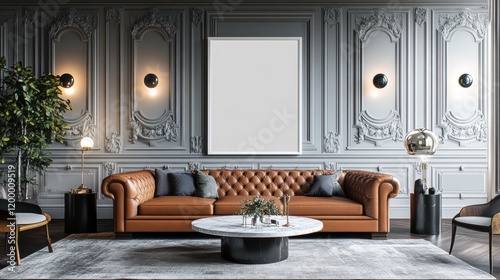 Elegant Living Room with Leather Sofa and Modern Decor Elements