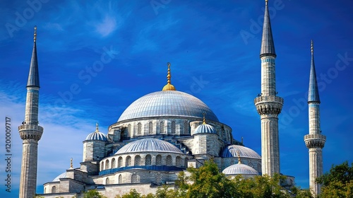 Majestic Istanbul Mosque Architecture Under Blue Sky photo