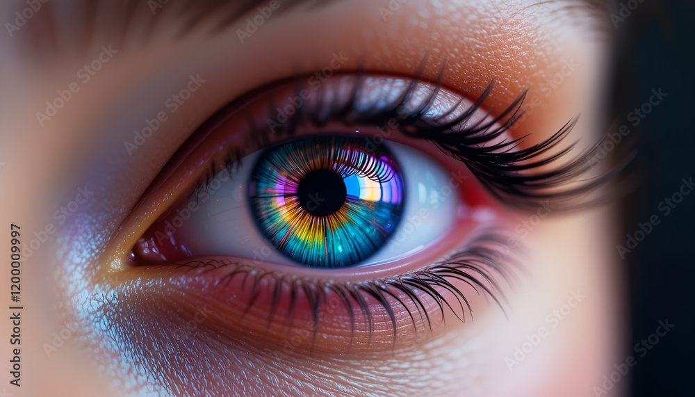 close up of eye.
Colorful macro shot of human eye with vivid reflections. close up of eye.
Colorful macro shot of human eye with vivid reflections.
