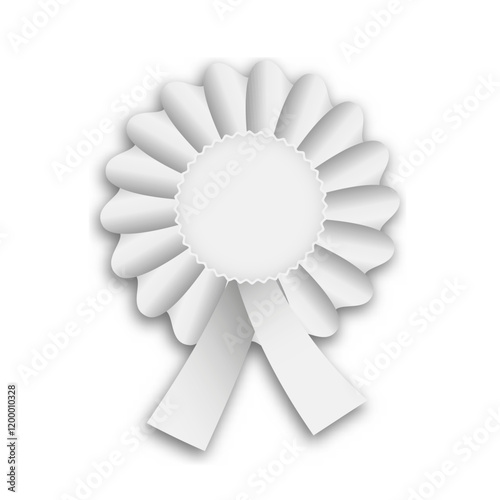 A detailed 3D vector illustration of a white cockade with intricate petals. This design features a smooth, rounded center and flowing ribbons at the base, perfect for decorative purposes.