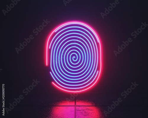 A vibrant neon fingerprint design, showcasing modern art and technology fusion in a dark backdrop, symbolizing identity and security. photo