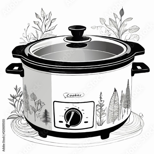 slow cooker crock pot black and white illustration vector