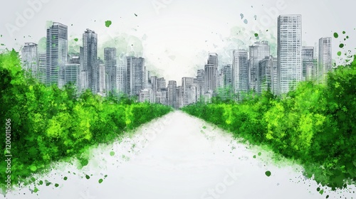 Urban Skyline Surrounded by Lush Green Landscape and Splashes of Color