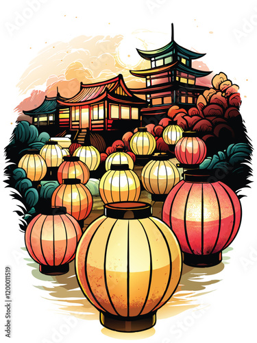 A vintage-inspired illustration of a Japanese lantern festival at night, with soft pastel colors, glowing lanterns, and a tranquil atmosphere.