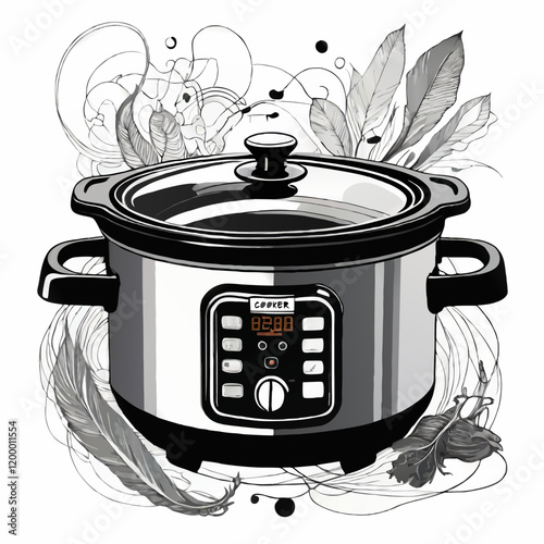 slow cooker crock pot black and white sketch vector