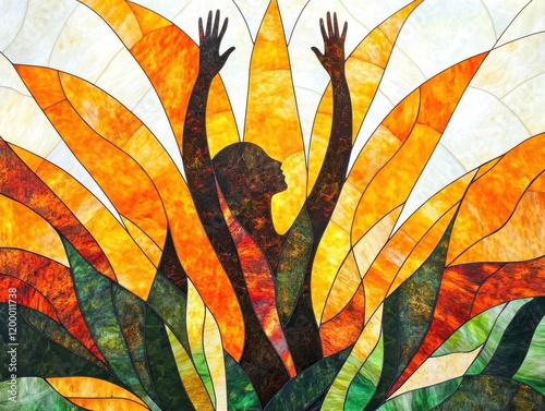 a stained-glass art style with a central theme of hope and renewal, featuring a dynamic figure reaching upward, flowing patterns of bold oranges photo