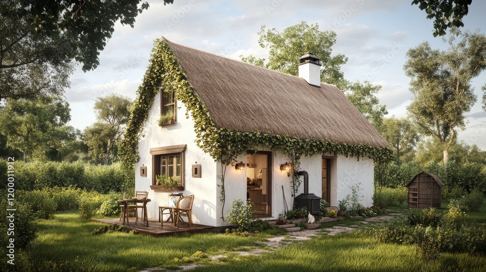 A compact farmhouse with a thatched roof, whitewashed walls, and ivy climbing up the exterior. Inside, the design is cozy, with a wood-burning stove, small kitchen, and vintage decor. A compact farmhouse with a thatched roof, whitewashed walls, and ivy climbing up the exterior. Inside, the design is cozy, with a wood-burning stove, small kitchen, and vintage decor.